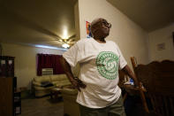 Doris Brown answers a question during an interview inside her home Friday, July 31, 2020, in Houston. Brown's home flooded during Harvey and she's part of a group called the Harvey Forgotten Survivors Caucus. (AP Photo/David J. Phillip)