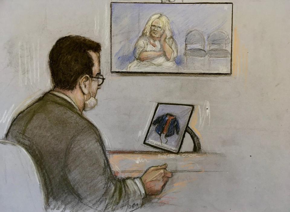 Court artist sketch of Ruth Neave, mother of Rikki Neave, appearing via video link at the Old Bailey, London (Elizabeth Cook/PA) (PA Wire)