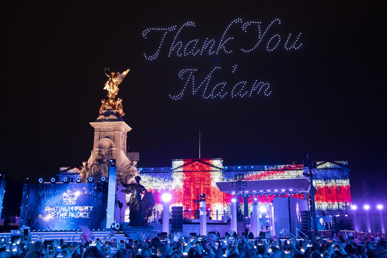 Drones make shapes above the Platinum Party at the Palace in front of Buckingham Palace, London, on day three of the Platinum Jubilee celebrations for Queen Elizabeth II. Picture date: Saturday June 4, 2022.