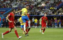 <p>Substitute Renat Augusto scores Brazil’s first goal, following a brilliant ball from ex-Liverpool star Philippe Coutinho </p>