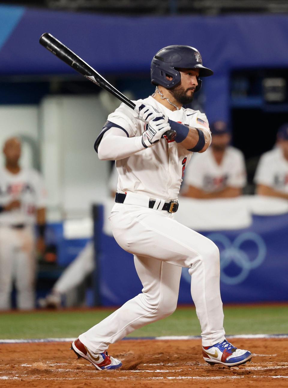 Team USA infielder Eddy Alvarez (2) drives in a run with a ground out against Korea during the sixth inning in a baseball semifinal match during the Tokyo 2020 Olympic Summer Games at Yokohama Baseball Stadium.