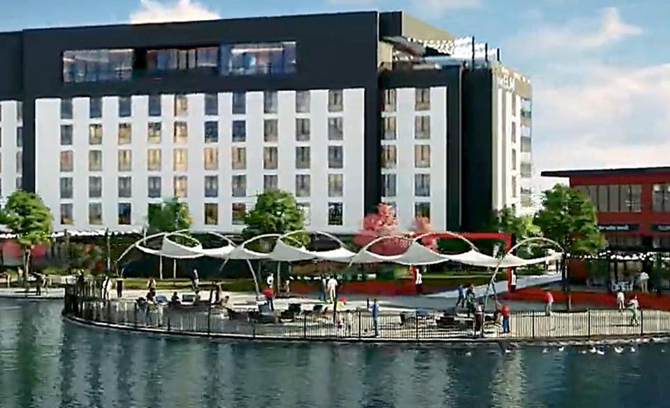 The Skyline Hotel, shown in this rendering, is set to be built at The Half with restaurants adjoining it along a waterfront boardwalk.
