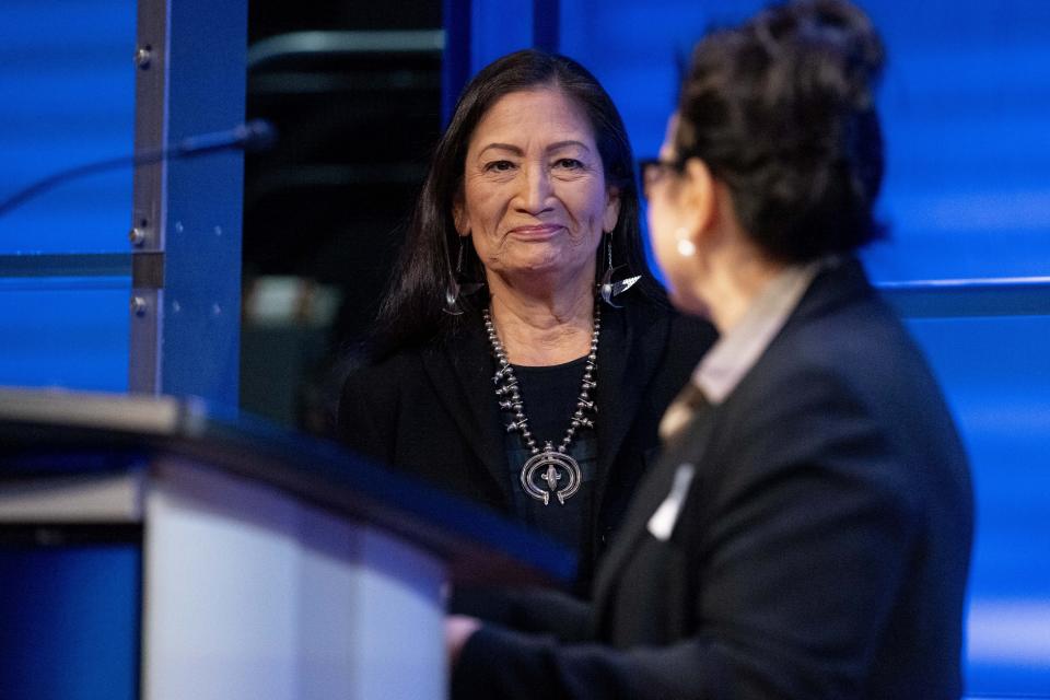 Interior Secretary Deb Haaland arrives to speak during an event to commemorate World Wildlife Day at the National Geographic Society in Washington, Friday, March 3, 2023. Haaland announced during her speech that her agency will work to restore more large bison herds to Native American lands under an order that calls for the government to tap into Indigenous knowledge in its efforts to conserve the burly animals that are an icon of the American West. (AP Photo/Andrew Harnik)