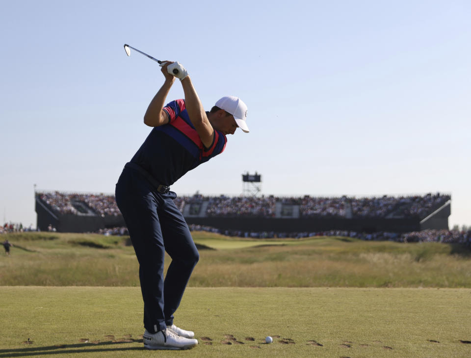 United States' Jordan Spieth tees off the 16th hole during the final round of the British Open Golf Championship at Royal St George's golf course Sandwich, England, Sunday, July 18, 2021. (AP Photo/Ian Walton)