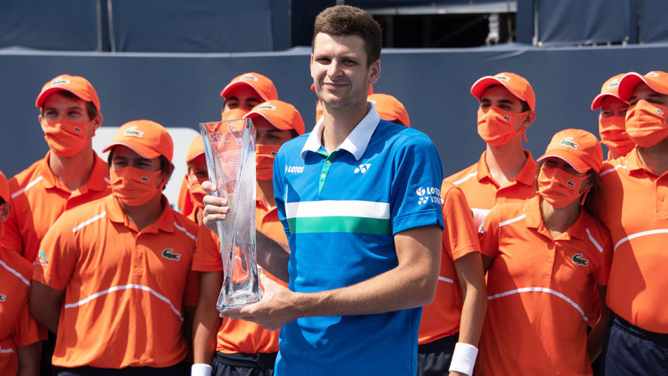 Hubert Hurkacz, pictured here with the tournament trophy after wining the Miami Open.