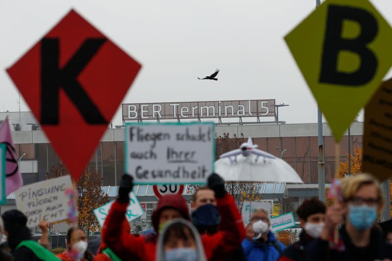 Protest against the official opening of the new Berlin-Brandenburg Airport in Schoenefeld