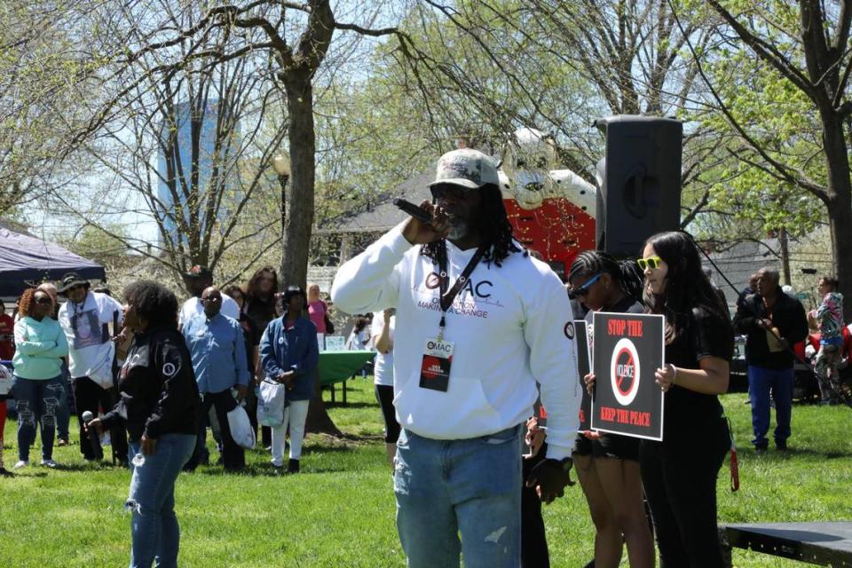 Gerald “Geo” Gibson lends his art form in song and public speaking to the ceremony honoring his late friend Anita Franklin during the 10th Anniversary Peace Walk commemorating the untimely death of Antonio Franklin Jr., who was was shot at Duncan Park in Lexington, Ky. Tasha Poullard/tpoullard@herald-leader.com