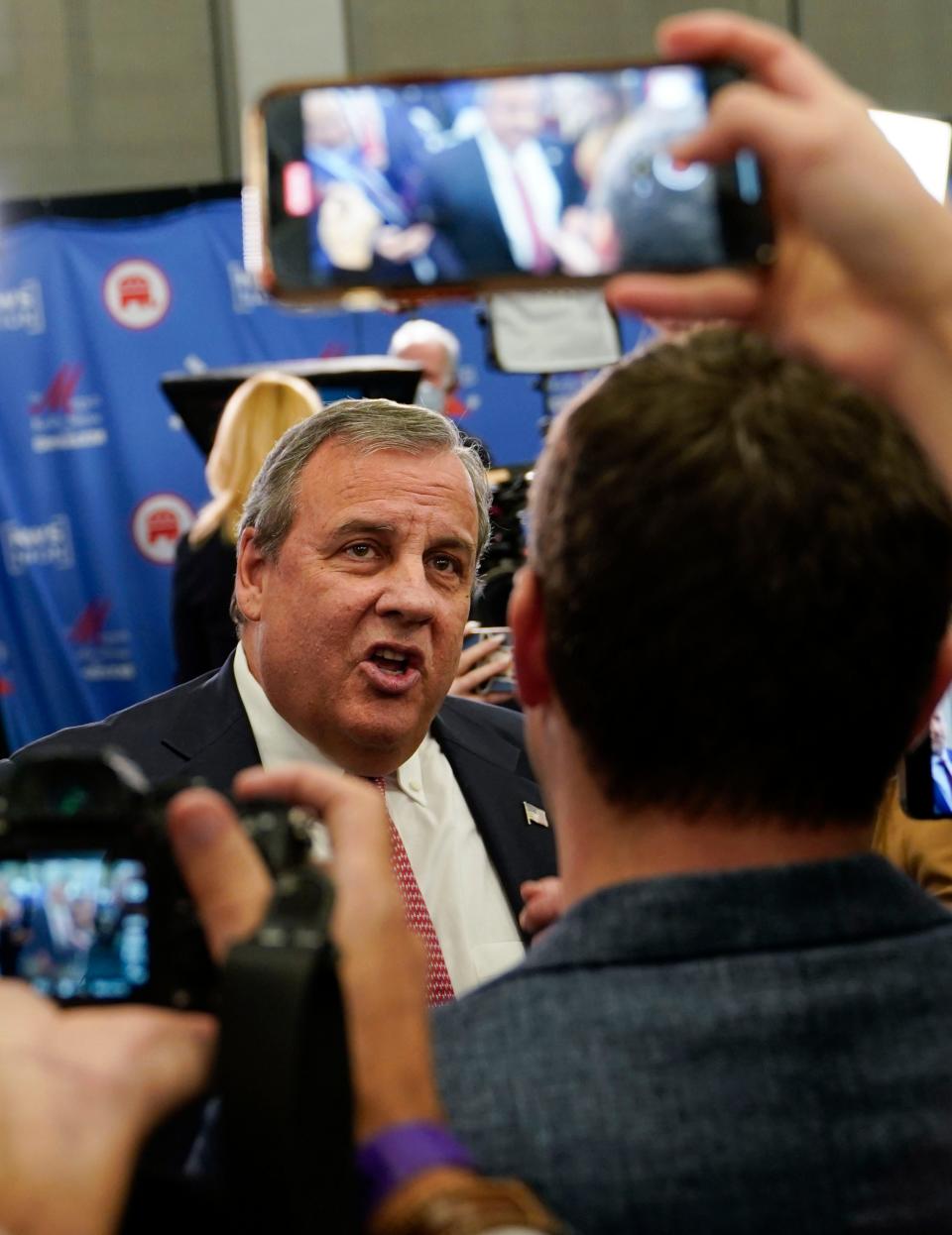 Dec 6, 2023; Tuscaloosa, AL, USA; Chris Christie answers questions in the Spin Room after the fourth Republican Presidential Primary Debate presented by NewsNation at the Frank Moody Music Building on the campus of the University of Alabama on Dec. 6, 2023.