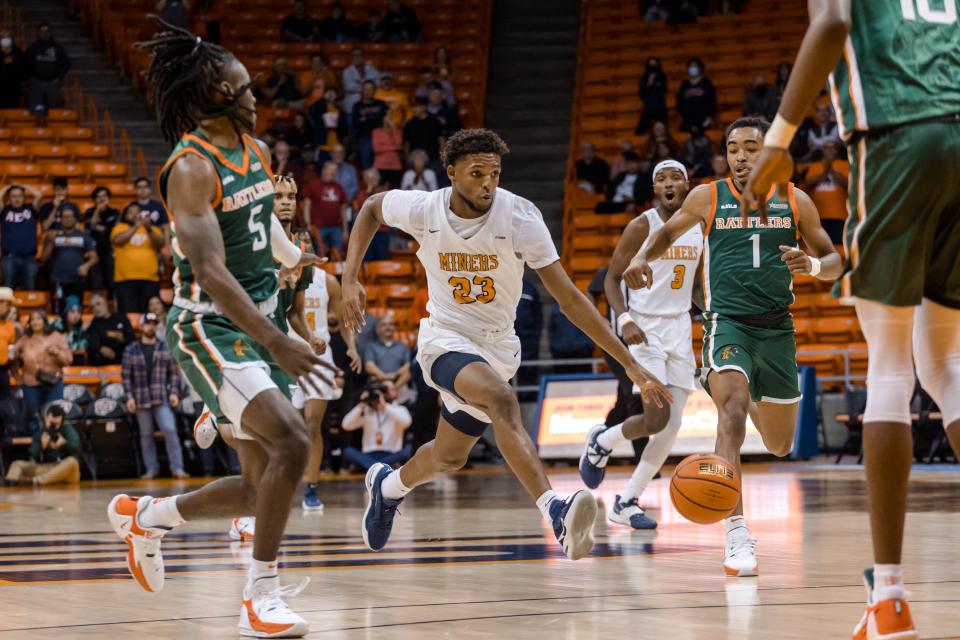 UTEP's Jorell Saterfield (23) after a basketball game against Florida A&M University at the Cerebro Sports Golden Turkey Classic Finale Wednesday, Nov. 24, 2021, at the Don Haskins Center in El Paso.