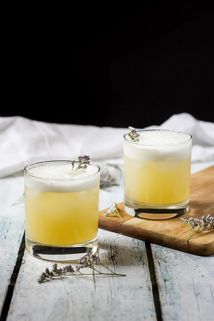 <strong>Get the&nbsp;<a href="https://www.cookswithcocktails.com/elderflower-peach-and-lavender-gin-sour/" target="_blank">Elderflower, Peach and Lavender Gin Sour</a>&nbsp;recipe from Cooks&nbsp;With Cocktails.</strong>