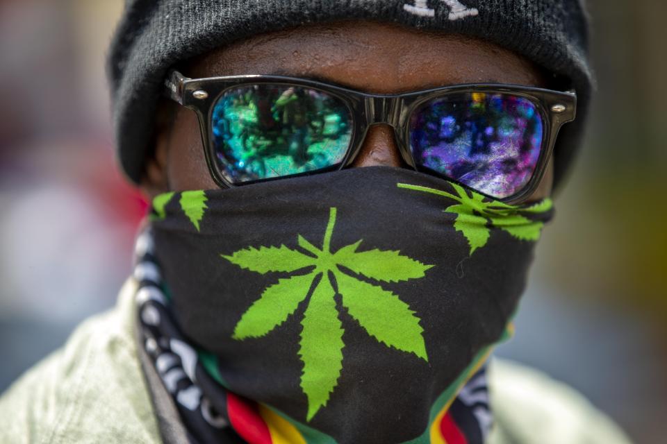 A motorcycle taxi driver wears marijuana motiff mask amid the spread of the new coronavirus in Port-au-Prince, Haiti, Wednesday, April 15, 2020. (AP Photo/Dieu Nalio Chery)