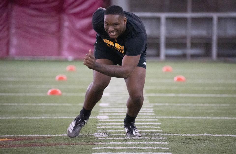 Tyler Johnson runs a drill during Pro Day, March 14, 2022, at ASU, Tempe, Arizona.