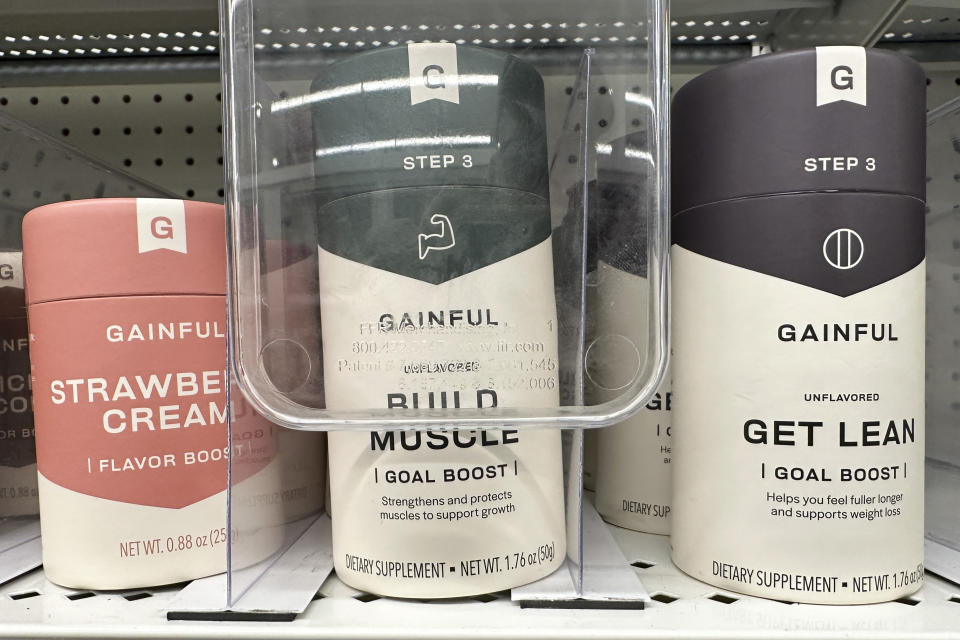 Dietary supplements are displayed at a store in New York, Thursday, April 25, 2024. It's now illegal to sell weight loss and muscle-building supplements to minors in New York. The first-in-the-nation law went into effect this week. (AP Photo/Seth Wenig)