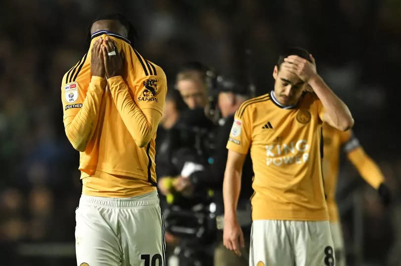 Stephy Mavididi of Leicester City reacts following his team's defeat in the Sky Bet Championship match between Plymouth Argyle and Leicester City