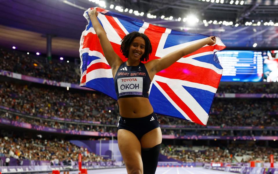 Ndidikama Okoh of Britain celebrates after bronze