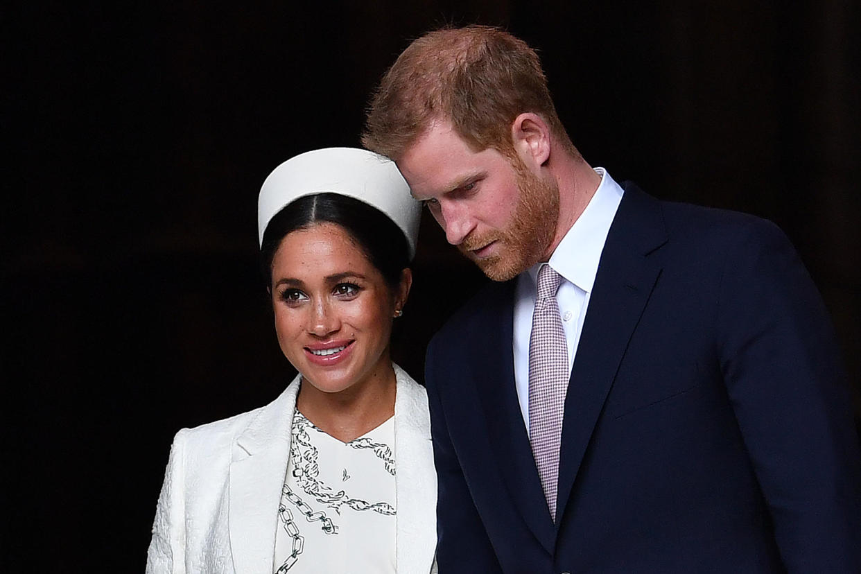 Britain's Prince Harry, Duke of Sussex (R) and Meghan, Duchess of Sussex leave after attending a Commonwealth Day Service at Westminster Abbey in central London, March 11, 2019. / Credit: BEN STANSALL/AFP/Getty