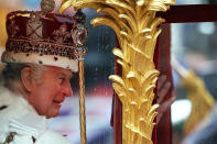 <p>LONDON, ENGLAND - MAY 06: Queen Camilla and King Charles III travel in the Gold State Coach, back to Buckingham Palace from Westminster Abbey on May 6, 2023 in London, England. The Coronation of Charles III and his wife, Camilla, as King and Queen of the United Kingdom of Great Britain and Northern Ireland, and the other Commonwealth realms takes place at Westminster Abbey today. Charles acceded to the throne on 8 September 2022, upon the death of his mother, Elizabeth II. (Photo by Adrian Dennis - WPA Pool/Getty Images)</p> 