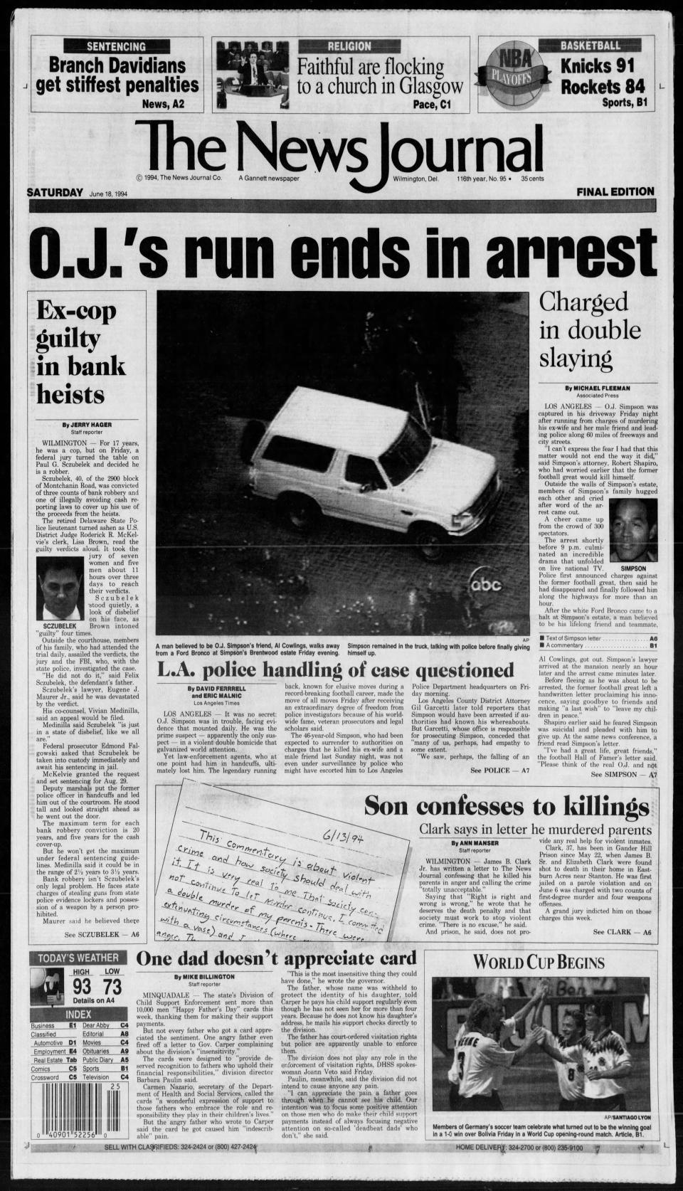 Front page of The News Journal from June 18, 1994.