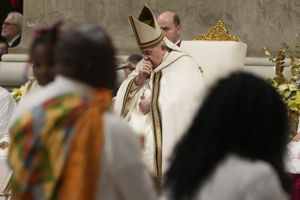 Pope Francis presides over Christmas eve Mass, at St. Peter's Basilica at the Vatican, Sunday Dec. 24, 2023. (AP Photo/Gregorio Borgia)