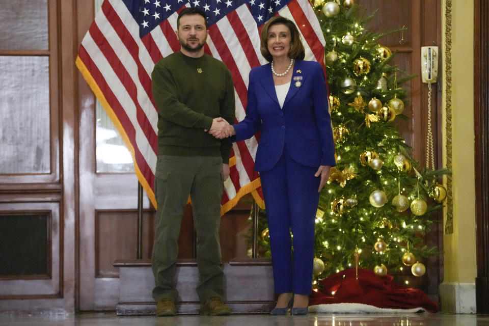 Ukraine's President Volodymyr Zelenskyy, left, meets with Speaker of the House Nancy Pelosi, of Calif., right, Wednesday, Dec. 21, 2022, at the Capitol in Washington.(AP Photo/Jacquelyn Martin)