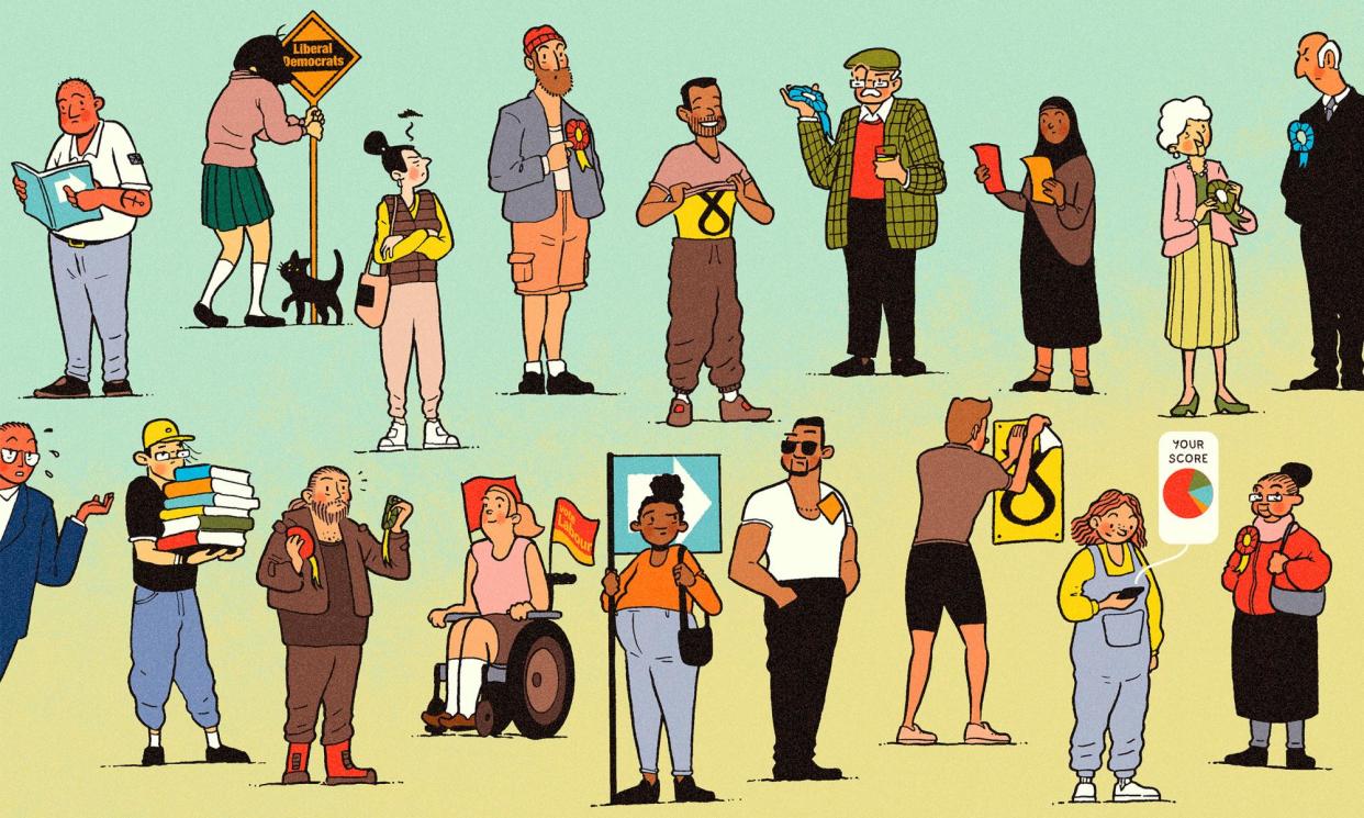 <span>‘Dont-know’ voters … a far larger group of people are undecided about how to vote compared with people during the 2019 general election.</span><span>Illustration: R Fresson/The Guardian</span>