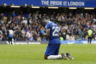 Chelsea's Moises Caicedo reacts at the end of the English Premier League soccer match between Chelsea and West Ham United at Stamford Bridge stadium in London, England, Sunday, May 5, 2024. (AP Photo/Frank Augstein)