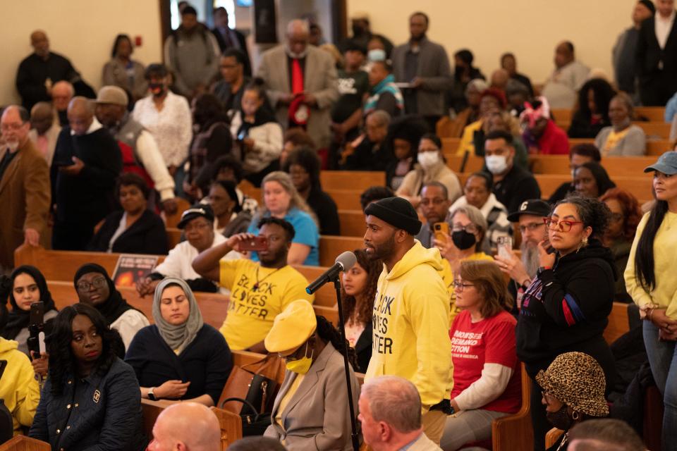 Zellie Thomas, an organizer for Black Lives Matter Paterson, speaks during a meeting at St. Luke Baptist Church with New Jersey Attorney General Matthew Platkin in Paterson on Thursday, May 4, 2023.