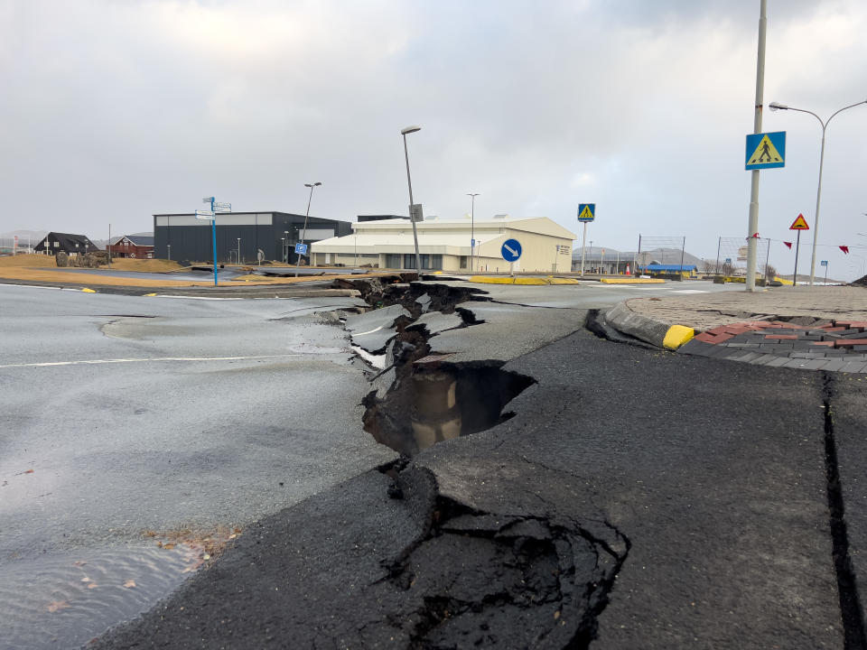 GRINDAVIK, ICELAND - NOVEMBER 22: Damage caused from earthquakes and magma beneath the town on November 22, 2023 in Grindavik, Iceland. Iceland declared a state of emergency after a series of earthquakes with authorities ordering thousands of people to leave the southwestern town of Grindavík on 11 November as a precaution. The Icelandic Meteorological Office (IMO) has said there was a considerable risk of a volcanic eruption.  (Photo by Micah Garen/Getty Images)