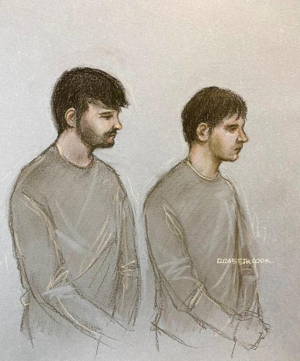 Court artist sketch by Elizabeth Cook of Dmitrijus Paulauska (left) and Jake Reeves appearing at Westminster Magistrates' Court (PA)