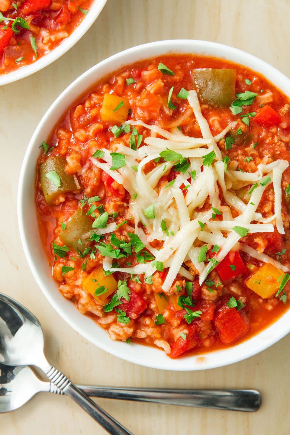 <p>This soup has everything you like about a <a href="https://www.delish.com/cooking/recipe-ideas/a23014857/classic-stuffed-peppers-recipe/" rel="nofollow noopener" target="_blank" data-ylk="slk:classic stuffed pepper" class="link ">classic stuffed pepper</a>—<a href="https://www.delish.com/cooking/g1703/ground-beef-dishes/" rel="nofollow noopener" target="_blank" data-ylk="slk:ground beef" class="link ">ground beef</a>, <a href="https://www.delish.com/cooking/recipe-ideas/g129/rice-recipes/" rel="nofollow noopener" target="_blank" data-ylk="slk:rice" class="link ">rice</a>, <a href="https://www.delish.com/cooking/g1448/quick-easy-tomato-recipes/" rel="nofollow noopener" target="_blank" data-ylk="slk:tomatoes" class="link ">tomatoes</a>, and CHEESE. It's perfect on its own or served with <a href="https://www.delish.com/cooking/recipe-ideas/a20079535/best-homemade-cornbread-recipe/" rel="nofollow noopener" target="_blank" data-ylk="slk:cornbread" class="link ">cornbread</a> or a <a href="https://www.delish.com/cooking/g1845/winter-salads/" rel="nofollow noopener" target="_blank" data-ylk="slk:salad" class="link ">salad</a>. Feel free to switch things up too (<a href="https://www.delish.com/cooking/g2144/ground-turkey-recipes/" rel="nofollow noopener" target="_blank" data-ylk="slk:ground turkey" class="link ">ground turkey</a> for beef, <a href="https://www.delish.com/cooking/recipe-ideas/a20136672/how-to-cook-quinoa/" rel="nofollow noopener" target="_blank" data-ylk="slk:quinoa" class="link ">quinoa</a> for rice, etc.).</p><p>Get the <strong><a href="https://www.delish.com/cooking/recipe-ideas/a21925560/best-stuffed-bell-pepper-soup-recipe/" rel="nofollow noopener" target="_blank" data-ylk="slk:Stuffed Pepper Soup recipe" class="link ">Stuffed Pepper Soup recipe</a>.</strong></p>
