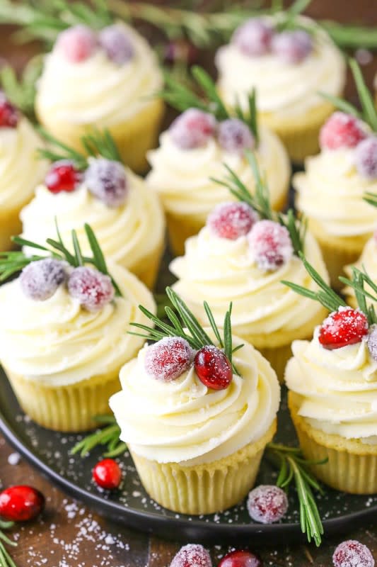 <p>Life Love and Sugar</p><p>These <strong>Sparkling Cranberry White Chocolate Cupcakes</strong> are the ultimate dessert for Christmas or New Year’s Eve! Moist vanilla cupcakes are filled with cranberry mascarpone, topped with white chocolate buttercream and garnished with sparkling sugar cranberries.</p><p><strong>Get the recipe: <a href="https://www.lifeloveandsugar.com/sparkling-cranberry-white-chocolate-cupcakes/" rel="nofollow noopener" target="_blank" data-ylk="slk:Sparkling Cranberry White Chocolate Cupcakes;elm:context_link;itc:0;sec:content-canvas" class="link ">Sparkling Cranberry White Chocolate Cupcakes</a></strong></p>