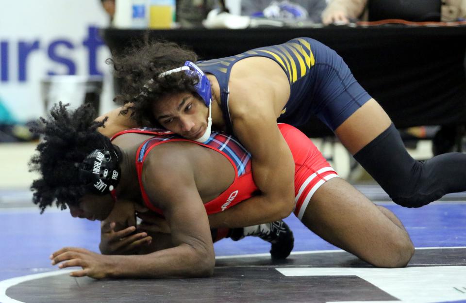 Tioga Central's Ousmane Duncanson beat Lake Highland Prep's Marrion Nelson, 7-4, to win the 160-pound title as Elmira's First Arena hosted the Southern Tier Classic wrestling tournament Jan. 14, 2022.