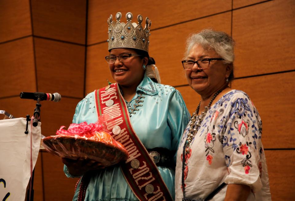 Miss Navajo Nation 2021-2022 Niagara Rockbridge stands with Shirley Montoya, facilitator of Sisters in Circle, on June 30 during the Celebration of Women Conference at the Farmington Civic Center.
