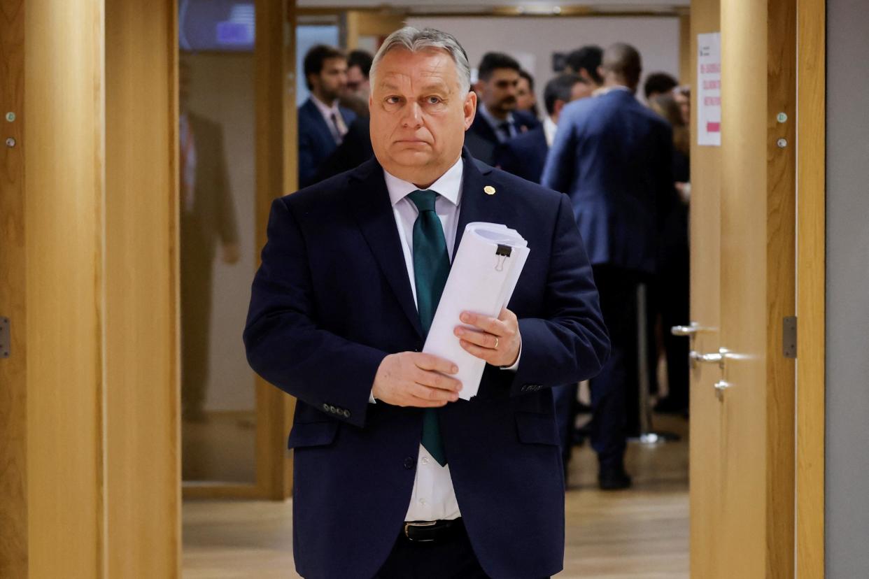 Hungary's Prime Minister Viktor Orban arrives prior to the start of a European Council meeting at the EU's headquarters in Brussels, on Feb. 1, 2024.