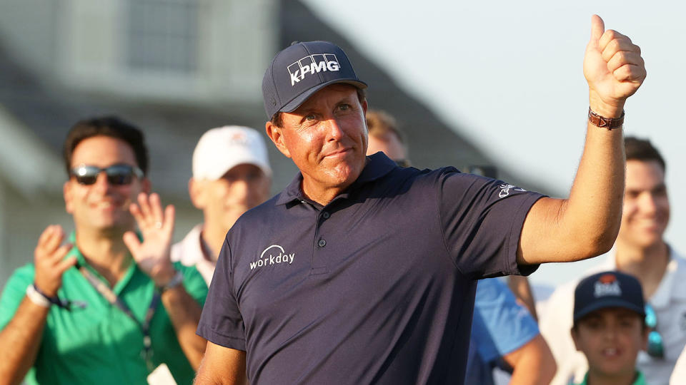 Pictured here, Phil Mickelson gives fans the thumbs up at Kiawah.