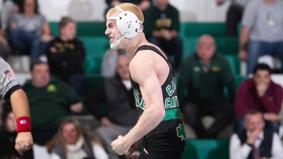 Camden Catholic's Eric Swanson reacts after pinning Red Bank Catholic's Luken Ramos during the 138 lb. bout of the state Non-Public B semifinal wrestling meet held at Camden Catholic High School on Thursday, February 8, 2024.