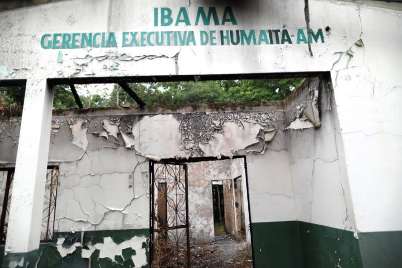 A destroyed Brazilian Institute for the Environment and Renewable Natural Resources (IBAMA) base is pictured in Humaita