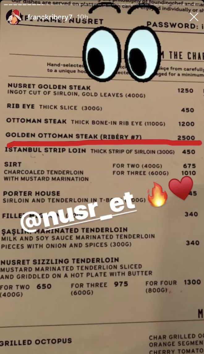 Franck Ribery präsentierte das nach ihm benannte Steak auf Instagram. (Bild: Sport1)