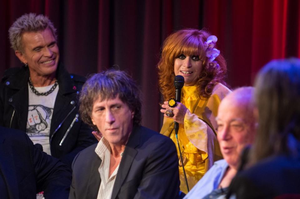 Linda Ramone, Mickey Leigh, and Shepard Fairey speak onstage at ‘Hey! Ho! Let’s Go: Celebrating 40 Years Of The Ramones’ at The Grammy Museum in 2016. WireImage
