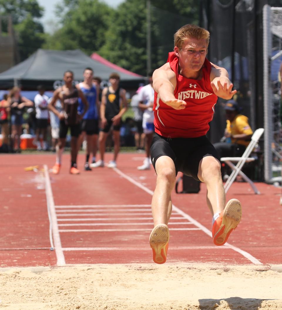 Connor Munson of Westwood in the long jump at the NJSIAA track and field championships at Wayne Hills on June 5, 2021.