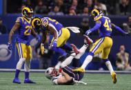 <p>Julian Edelman makes a catch during the first quarter. The New England Patriots play the Los Angeles Rams in Super Bowl LIII at Mercedes-Benz Stadium. (Jim Davis/Globe Staff) </p>