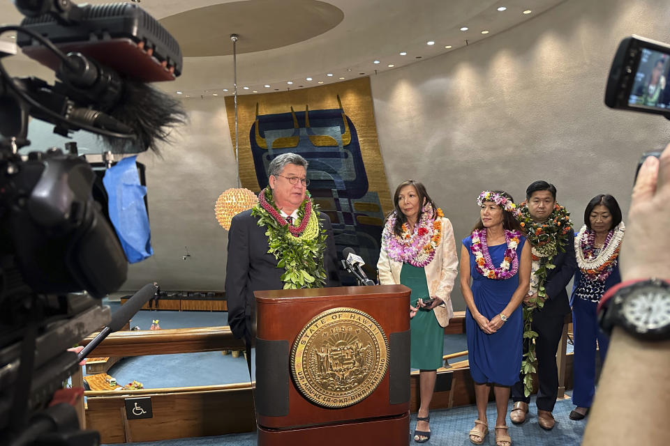 Hawaii Senate President Ron Kouchi speaks at a news conference at the Hawaii State Capitol on Wednesday, Jan. 17, 2024, in Honolulu. Hawaii lawmakers on Wednesday opened a new session of the state Legislature vowing to address glaring problems laid bare by the deadly wildfire that destroyed the historic town of Lahaina in August: the threat posed by wildfires and the lack of affordable housing. (AP Photo/Audrey McAvoy)
