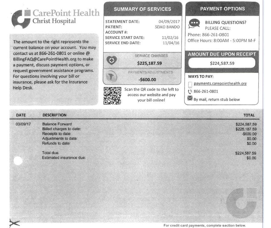 Seiko Bando's $225,000 itemized bill from Christ Hospital that she has spent seven years fighting.