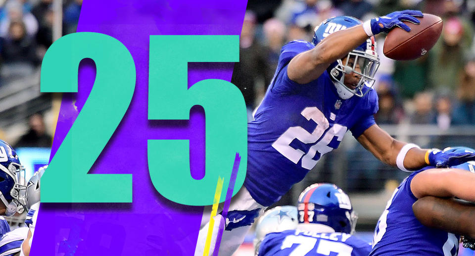 <p>Saquon Barkley’s 2,028 yards from scrimmage led the NFL. He was the only consistent part of a terrible offense. (Saquon Barkley) </p>