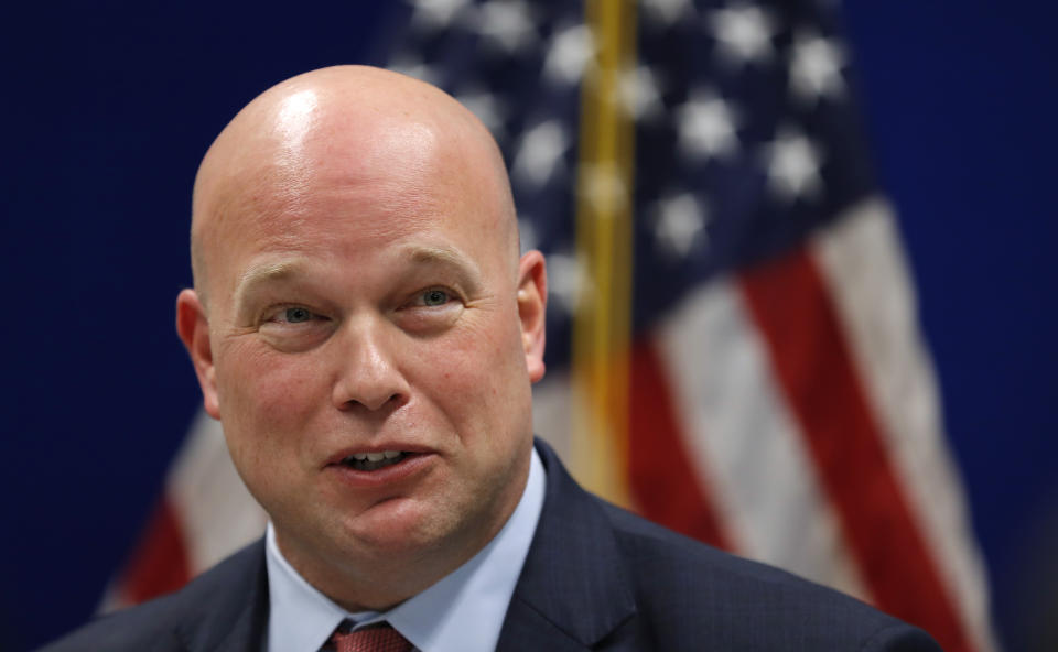 Acting Attorney General Matthew Whitaker speaks to state and local law enforcement officials at the U.S. Attorney's Office for the Southern District of Iowa, Wednesday, Nov. 14, 2018, in Des Moines, Iowa. (AP Photo/Charlie Neibergall)