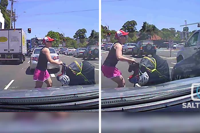 Dashcam footage captured the woman walking into busy traffic with a pram. Photo: Salty Dingo.