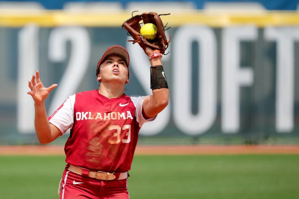 Oklahoma's Alyssa Brito makes a catch during Big 12 tournament championship on May 13, 2023.