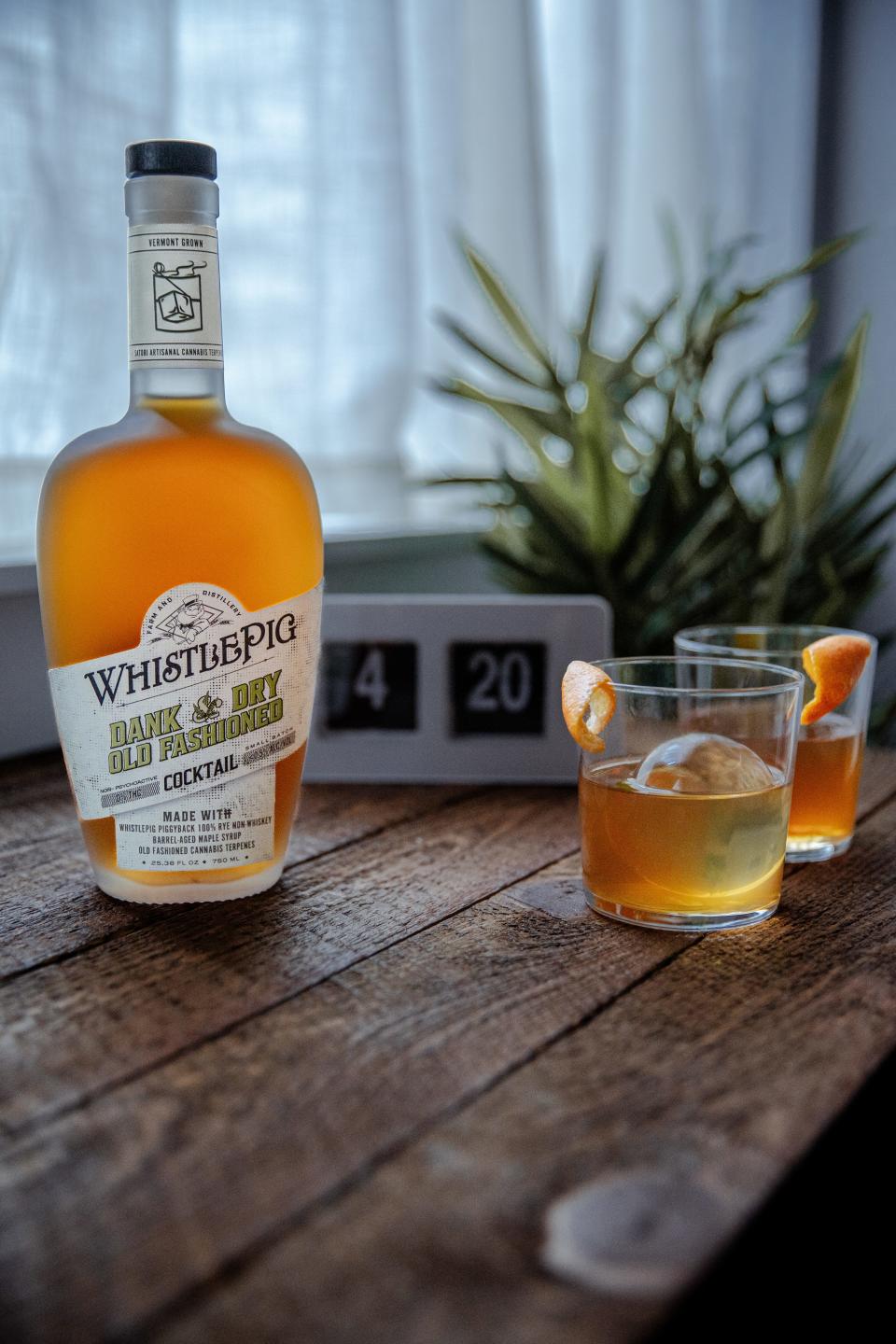 WhistlePig's Dank & Dry Maple Old Fashioned non-alcoholic cocktail is made with 100% Rye non-whiskey and barrel-aged maple syrup.