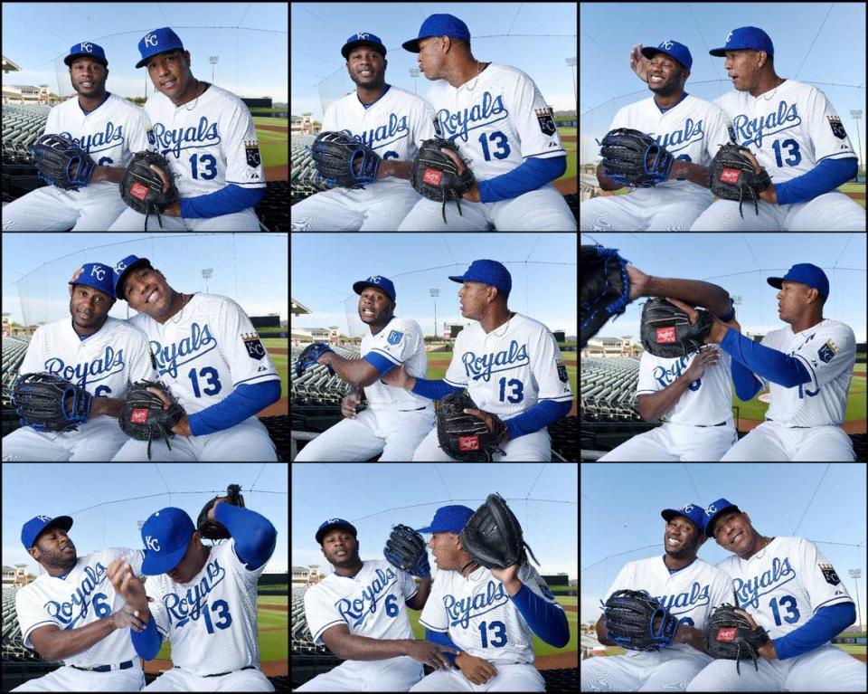 Spring training and the annual media photo day is the time to make a 60 second portrait of each player on the team as they travel from photographer to photographer. Royals catcher Salvador Perez tended to follow teammate Lorenzo Cain on this day in 2015, and as expected, enjoys bothering him. Since they were together, Kansas City Star photographer John Sleezer asked them to both be in a picture together. After one frame of them together, Salvador started in on his good friend, resulting in a fun series.