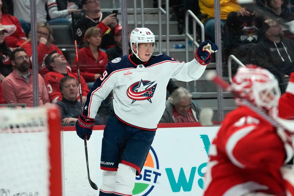 Columbus Blue Jackets right wing Patrik Laine (29) celebrates his goal against the Detroit Red Wings in the third period of an NHL hockey game Saturday, Nov. 11, 2023, in Detroit. (AP Photo/Paul Sancya)